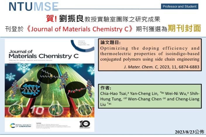 賀! 劉振良教授實驗室團隊之研究成果刊登於《Journal of Materials Chemistry C》期刊獲選為期刊封面